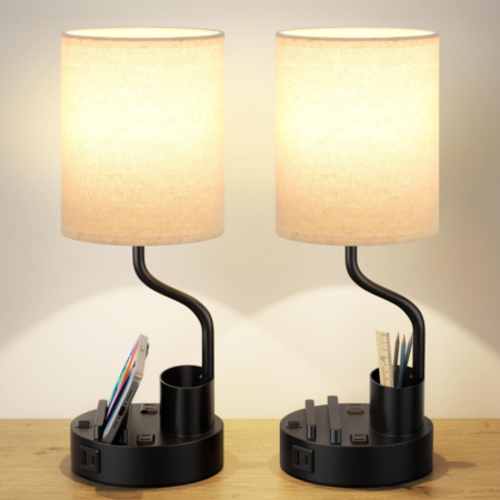 Set of 2 bedside table lamps for bedroom, nightstand lights with AC outlet and USB A&C charging ports, three color temperatures, equipped with pen holder and phone stand, perfect for living room, dorm and office