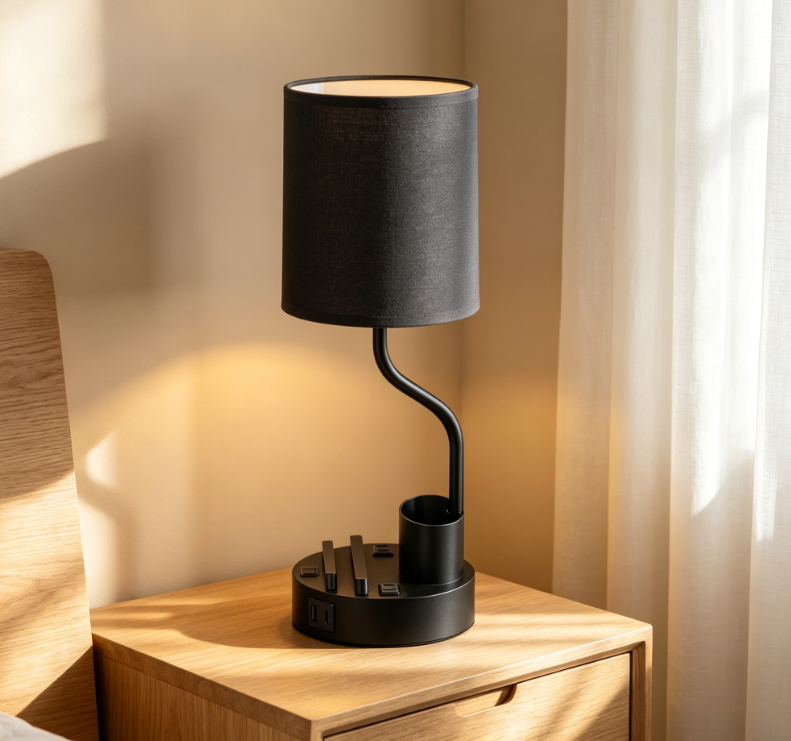 Set of 2 black bedside table lamps for bedroom, nightstand lights with AC outlet and USB A&C charging ports, three color temperatures, with pen holder and phone stand for living room, dorm and office