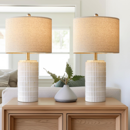 Set of 2 white ceramic table lamps, farmhouse bedside and end table lamps with beige fabric shade for living room and bedroom